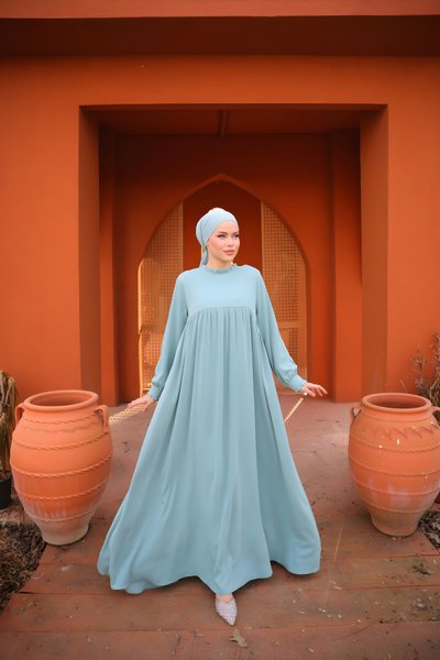 Mint Robalı Fırfırlı Tesettür Elbise