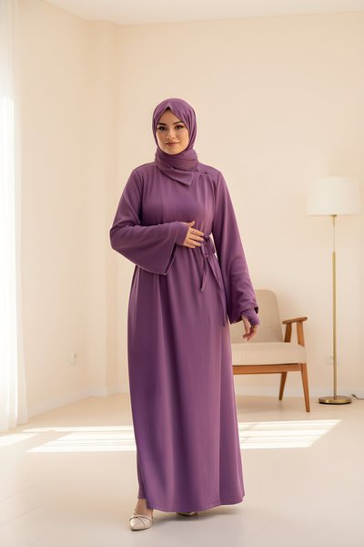 Knitted Wrap Sleeve-Detail Modest Dress - Purple