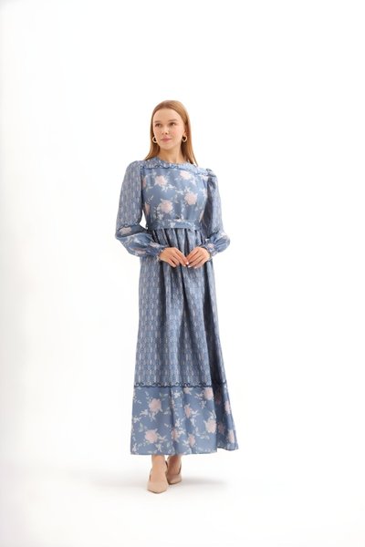 Mor Sulu Çiçek Desenli Saten Tesettür Elbise