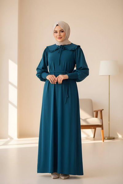 Petrol Örme Seyyar Bebe Yakalı Tesettür Elbise