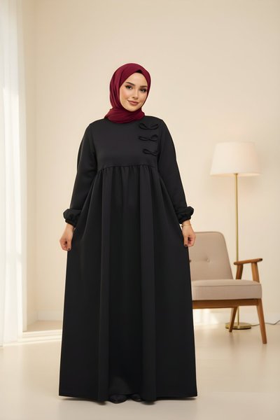 Siyah Desenli Örme Fiyonklu Tesettür Elbise