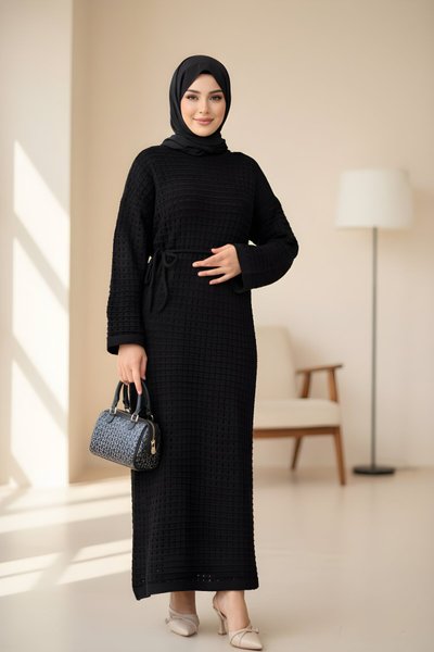 Siyah File Uzun Kol İçlikli Triko Tesettür Elbise