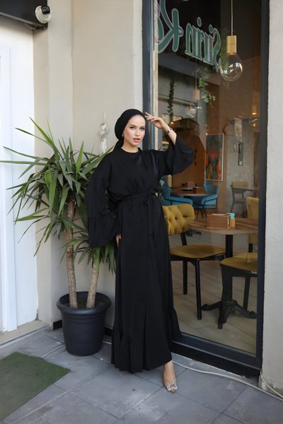 Siyah Fırfırlı Tesettür İkili Abaya Takım