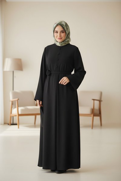 Siyah Örme Kaplama Düğmeli Kolluklu Tesettür Elbise