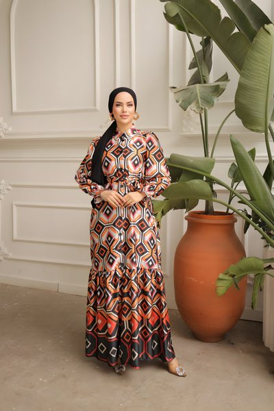 Turuncu Desenli Tesettür Saten Gömlek Yaka Elbise