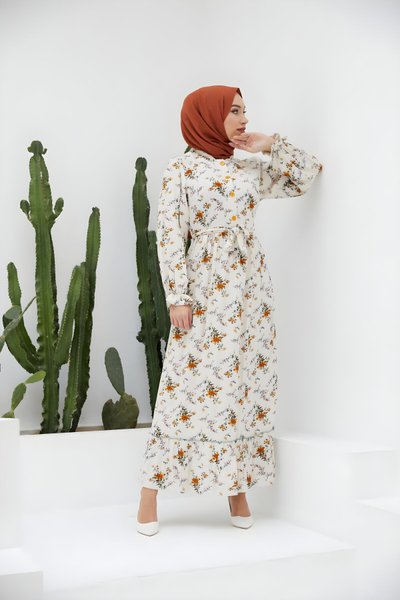 Turuncu Keten Çingene Desenli Yarım Pat Fırfırlı Tesettür Elbise