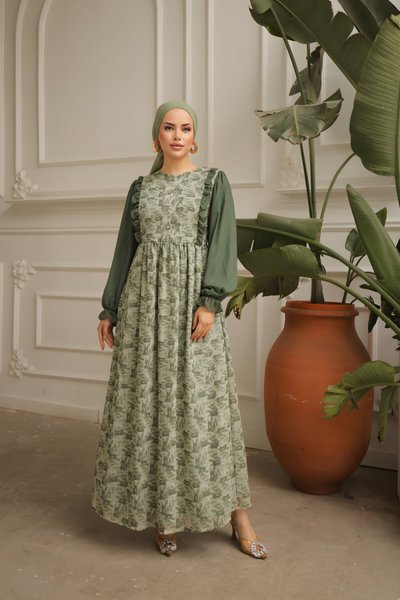 Yeşil Desenli Tesettür Fırfırlı Garni Şifon Elbise