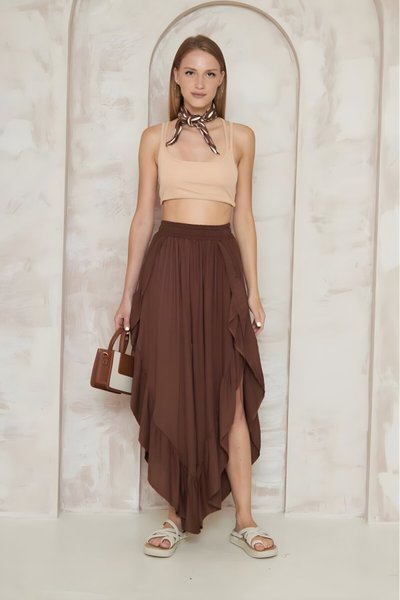 Acı Kahve Otantik Salaş Bohem Şalvar Etek Beli Lastikli Yırtmaçlı Pantolon