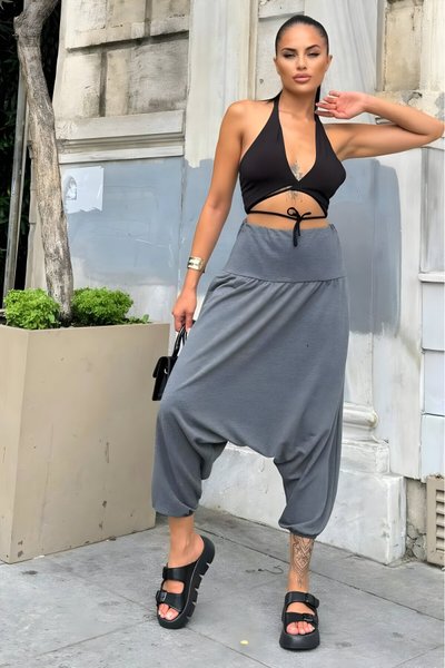 Antrasit Otantik Salaş Yüksek Bel Viskon Kumaş Paçası Lastikli Şalvar Pantolon