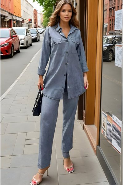 Antrasit Uzun Kollu Cepli Gömlek Beli Lastikli Pantolon İkili Takım