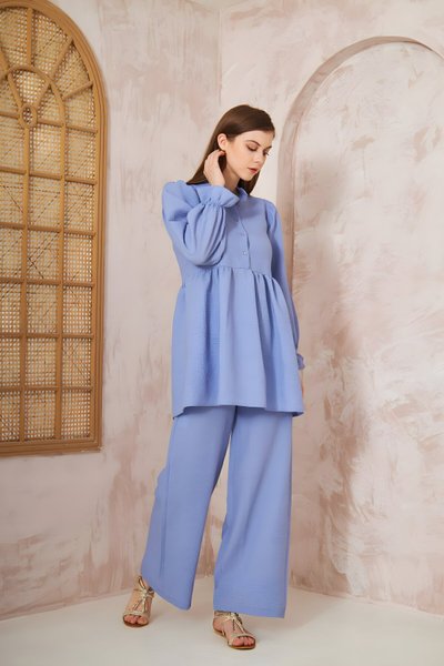 Crinkled Seersucker Gathered Balloon Sleeve Tunic Pants Set - Baby Blue