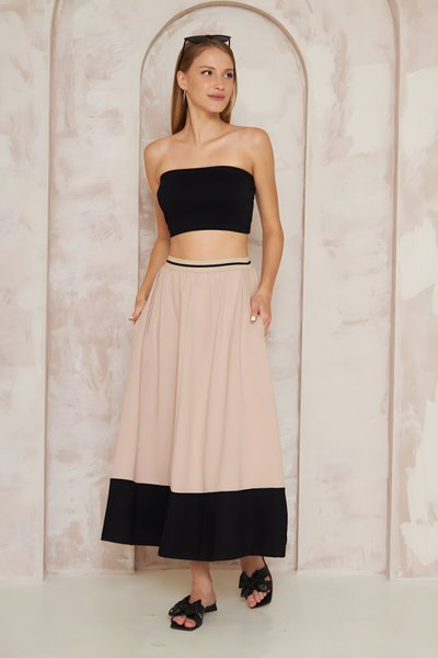 Bej Bloklu Şeritli Uzun Salaş Kloş Bohem Beli Lastik Cepli Etek