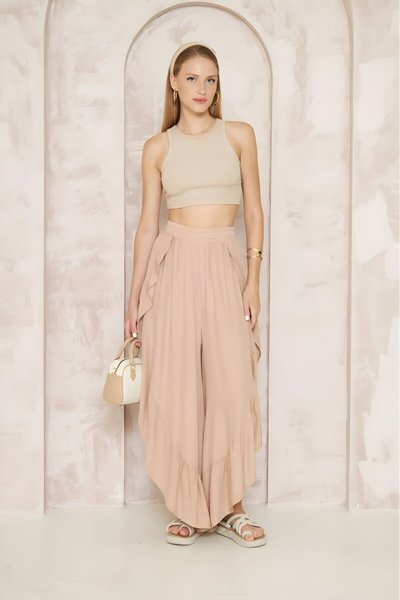 Bej Otantik Bohem Beli Lastikli Salaş Şalvar Etek Yırtmaçlı Pantolon