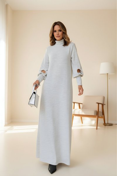 Bej Salaş A Kesim Balon Kol Triko Elbise