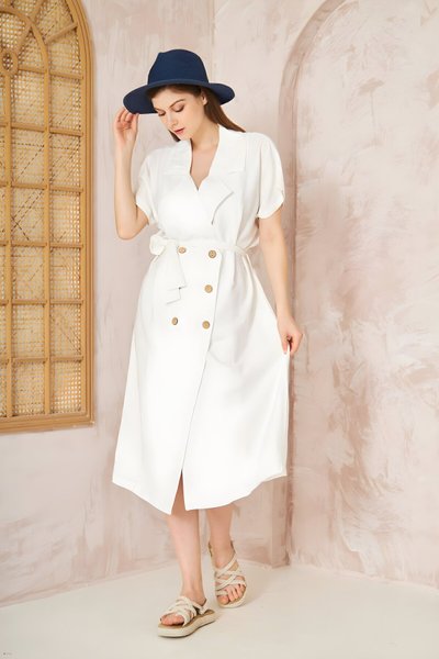 Beyaz Oversize Geniş Kesim Midi Keten Kısa Kollu Yazlık Ceket Elbise