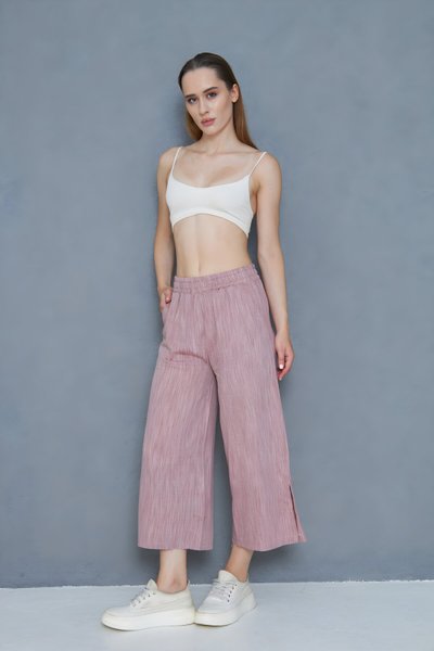 Bordo Keten Salaş Kapri Bermuda Beli Lastikli Cepli Paçası Yırtmaçlı Pantolon