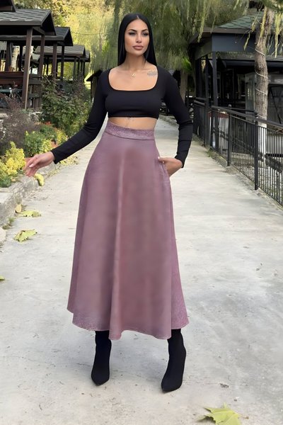 Bordo Kırçıllı Uzun Yüksek Bel Kloş Kışlık Kaşe Cepli Etek