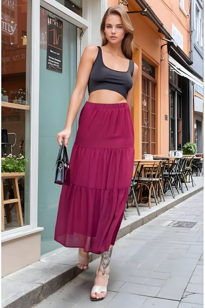Bordo Uzun İki Katlı Şifon Beli Lastikli Etek