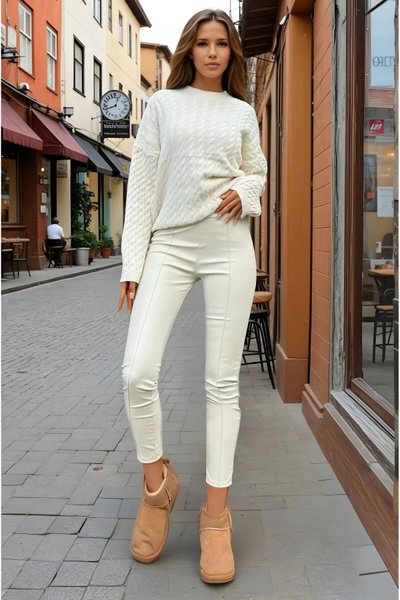 Ekru Esnek Arka Beli Lastikli Tayt Pantolon