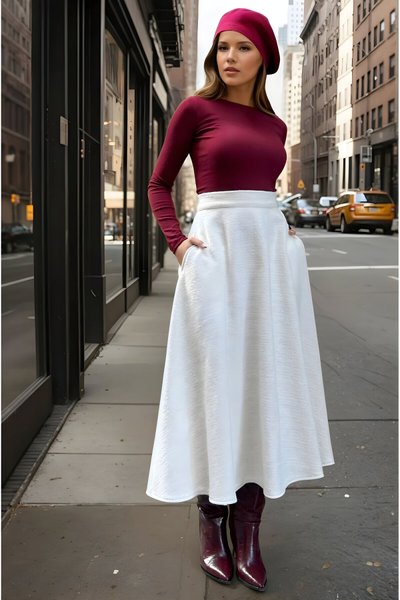 Ekru Kırçıllı Uzun Kışlık Yüksek Bel Kloş Kaşe Cepli Etek