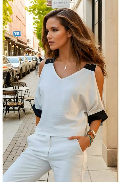 Ekru Salaş Kısa Kol Omuz Dekolteli Kalın Askılı Keten Bluz