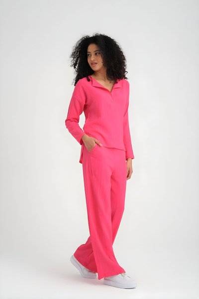 Fuşya Dokulu Bol Kalıp Salaş Maya Kumaş İkili Takım