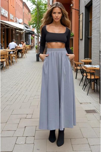 Gri Uzun A Kesim Salaş Yüksek Bel Beli Lastikli Kupra Etek