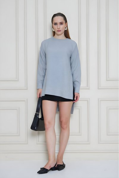 Gri Uzun Kollu Tunik İnci Süslemeli Terletmez Bambu Keten Kumaş Bluz