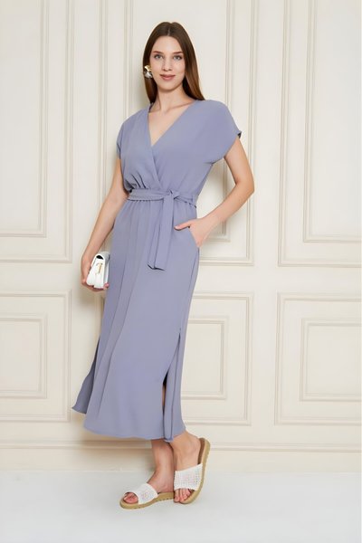 Midi Wrap Neck Aerobin Deep Slit Pocketed Dress - Grey