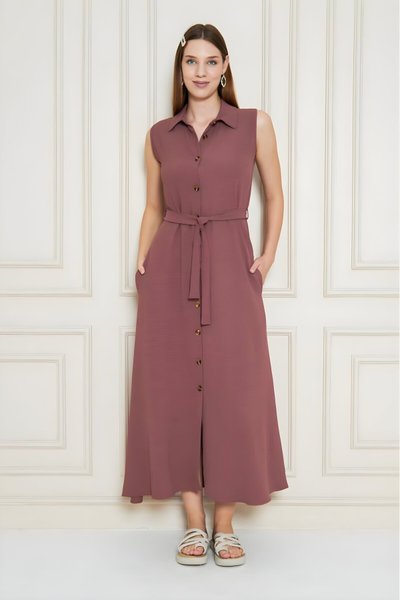 Gül Kurusu Uzun Aerobin Gömlek Yaka Kemerli Yandan Cepli Elbise