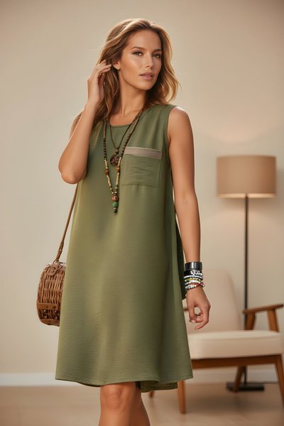 Haki A Kesim Mini Yazlık Sıfır Kol Hasır Cep Airobin Elbise