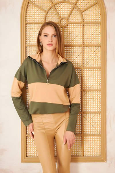 Haki Bej Color Block Uzun Kol Salaş Fermuarlı Polo Yaka Sweatshirt