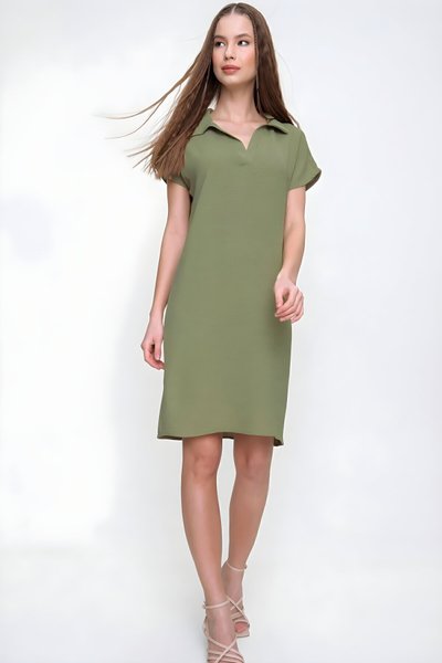 Loose Fit Short-Sleeved Polo Collar Midi Dress - Khaki