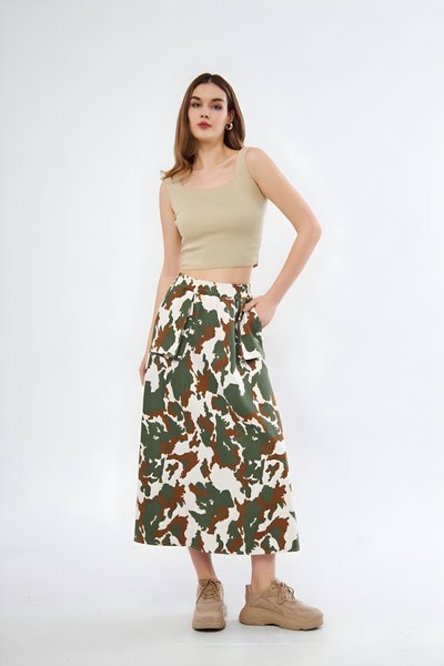 Sporty Camouflage Gabardine Elasticated Waist Pocket Detail Skirt - Khaki Ecru Brown