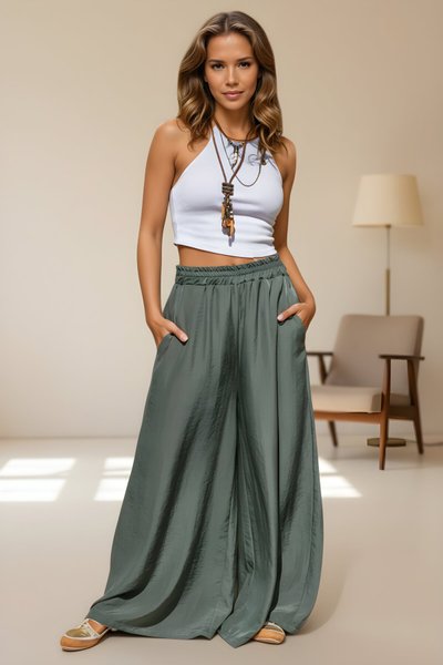 Haki Salaş Oversize Bol Paça Beli Lastikli Yumuşak Dokulu Pantolon