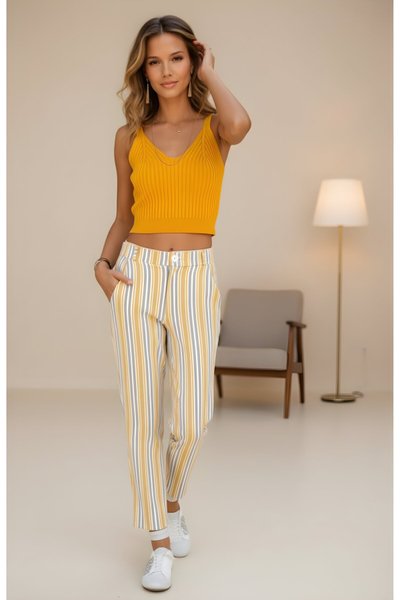 Hardal Çizgili Dar Kesim Havuç Keten Cepli Pantolon