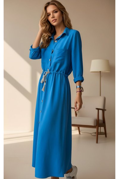 İndigo Keten Uzun Kollu Beli B üzgülü Hasır Kemerli Gömlek Elbise