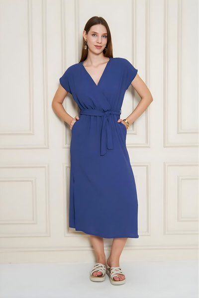 İndigo Yazlık Midi Kruvaze Yaka Cepli Derin Yırtmaçlı Beli Lastikli Aerobin Elbise