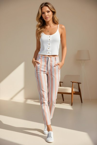 Kiremit Çizgili Dar Kesim Havuç Keten Cepli Pantolon