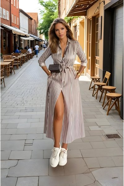 Kiremit Siyah Bej Çizgili Rahat Uzun Kollu Cepli Kırışmaz Şık Gömlek Elbise