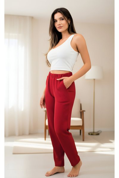 Kırmızı Yüksek Bel Esnek Rahat Yumuşak Dokulu Beli Lastikli Pantolon