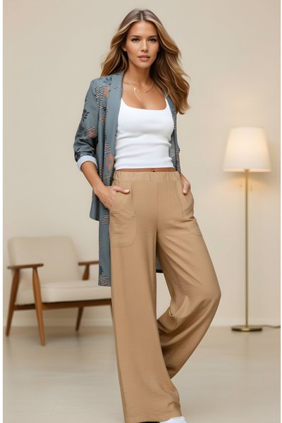 Krem Bol Paça Rahat Yazlık Beli Lastikli Çift Cepli Keten Dokulu Pantolon