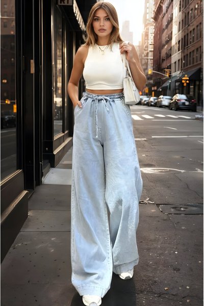 Mavi İnce Kot Bol Paça Bağcıklı Beli Lastikli Pantolon