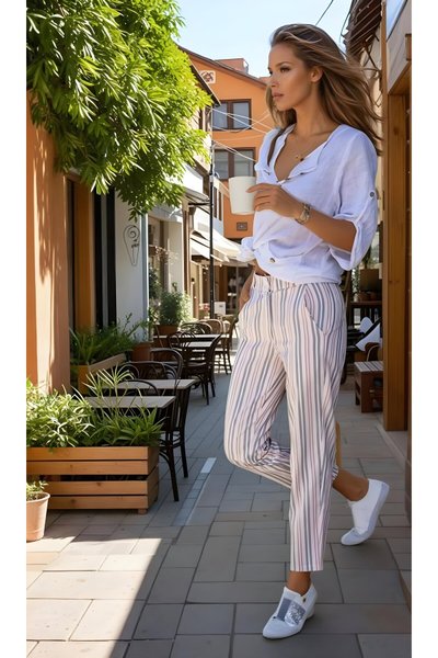 Pudra Dik Çizgili Dar Kesim Havuç Keten Cepli Pantolon