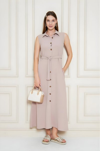 Pudra Uzun Aerobin Gömlek Yaka Kemerli Yandan Cepli Elbise