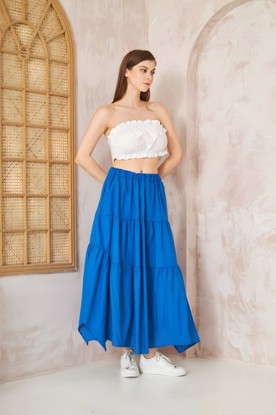 Long Loose-fit Flared Asymmetric Sporty Tiered Ruffled Pocketed Elastic-Waist Skirt - Saxe Blue