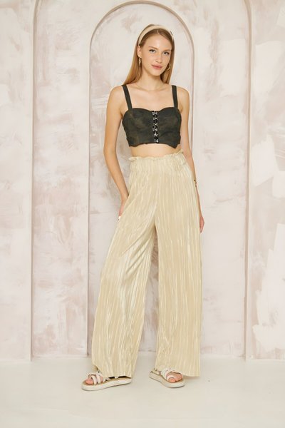 Sarı Gold Dokulu Bürümcük Örme Yüksek Bel Bol Paça Salaş Rahat Beli Lastikli Pantolon