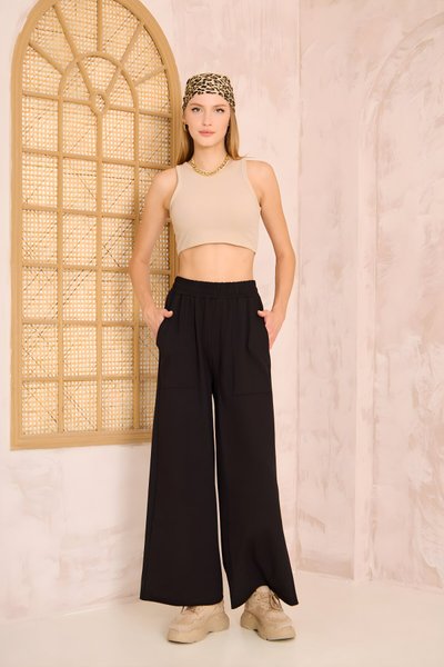 Siyah Bol Paça Salaş Viskon Eşofman Lastikli Bel Cepli Pantolon