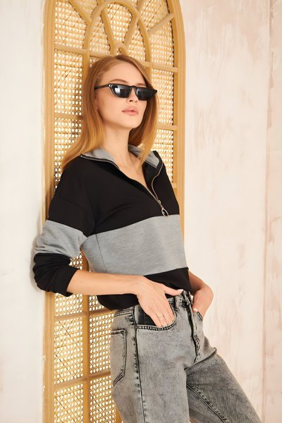 Siyah Gri Color Block Salaş Uzun Kol Fermuarlı Polo Yaka Sweatshirt