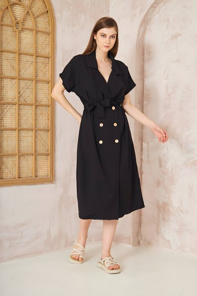 Midi Oversize Summer Linen Short-Sleeve Dress - Black